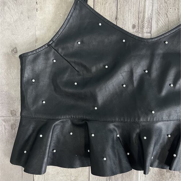 DO+BE Pearl-Studded Crop Top Black Faux Leather Ruffle Hem Y2K Whimsigoth Sz M - Picture 2 of 13